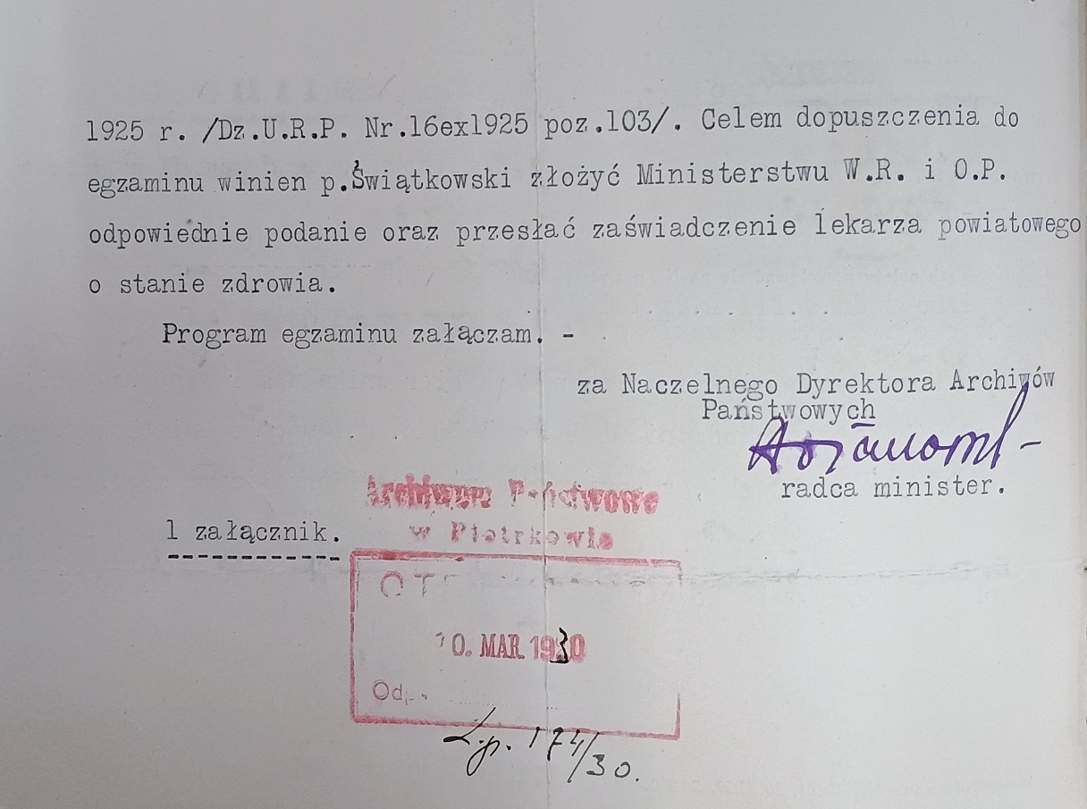 Korespondencja w sprawie egzaminów zawodowych Ignacego Świątkowskiego, wymaganych przepisami o służbie cywilnej, 1930 r.